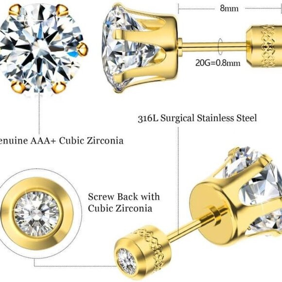 UHIBROS 6 Pairs Hypoallergenic Cubic Zirconia Sterling Silver Stud Earrings Set - Picture 3 of 8